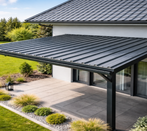 Trapézlemez előtető családi ház teraszán