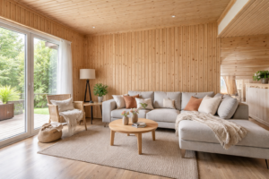 Beltéri lambéria fal- és mennyezetburkolat természetes fa megjelenéssel