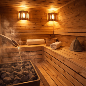 Finn szaunában ülő személy a forró kövekkel fűtött szaunatérben, hagyományos szaunázás közben izzadva