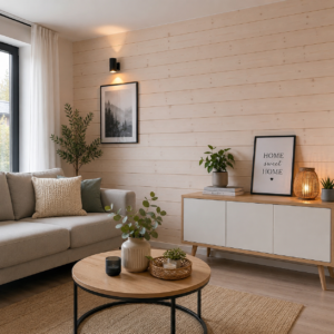 Modern lambéria falburkolat világos nappaliban elegáns fa hatású fallal